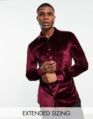 ASOS DESIGN skinny velvet shirt in burgundy