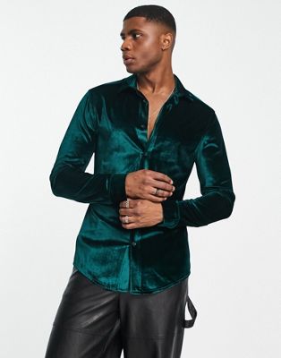 ASOS DESIGN skinny velvet shirt in jewel green