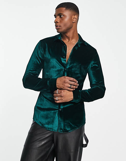 ASOS DESIGN skinny velvet shirt in jewel green | ASOS