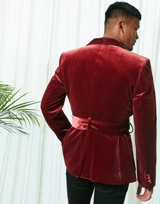 ASOS DESIGN skinny velvet smoking jacket in burgundy