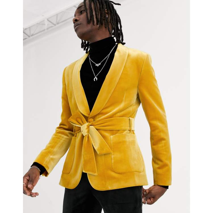 ASOS DESIGN skinny velvet smoking jacket in mustard