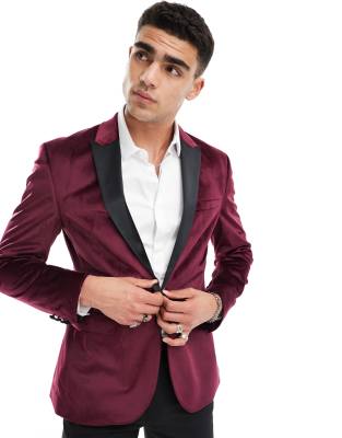 ASOS DESIGN skinny velvet tuxedo blazer in burgundy-Red