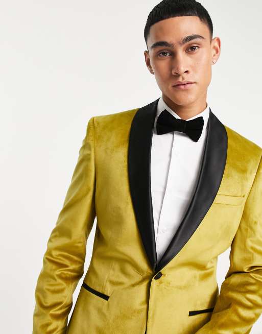 ASOS DESIGN skinny velvet tuxedo jacket in gold