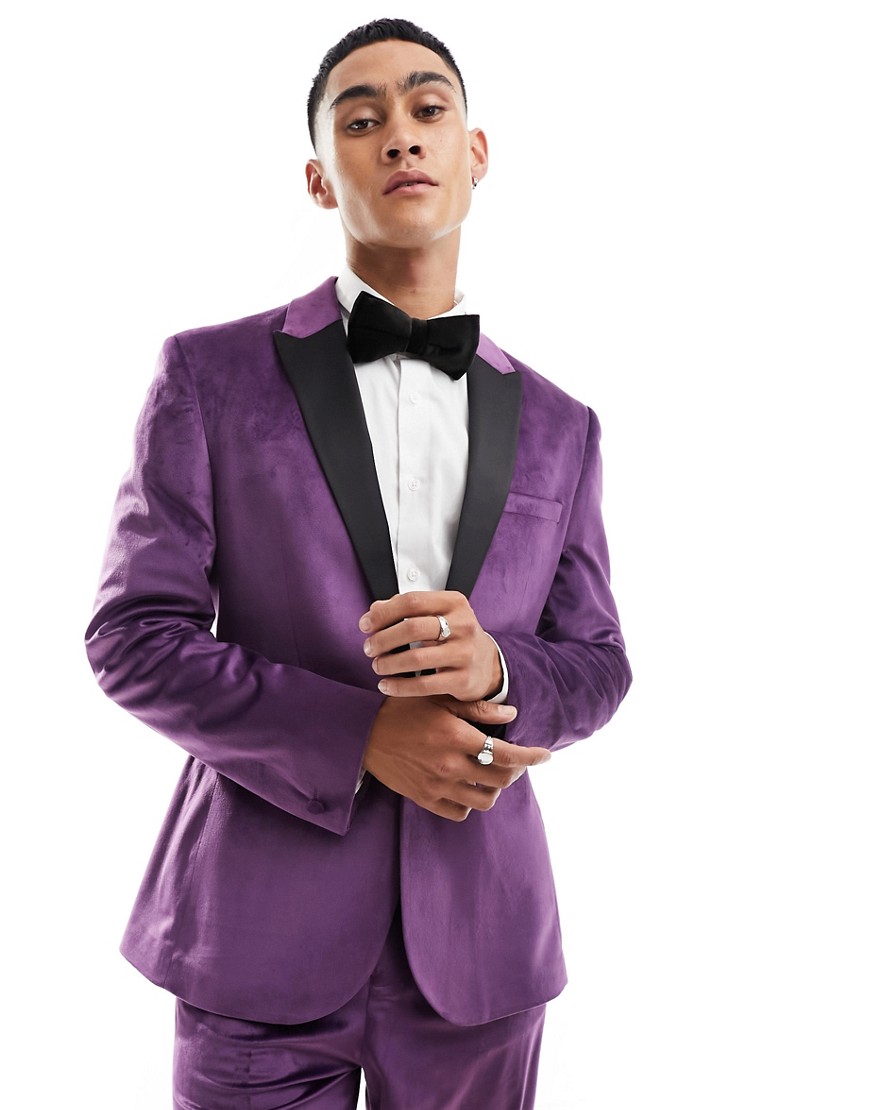 ASOS DESIGN skinny velvet tuxedo suit jacket in purple