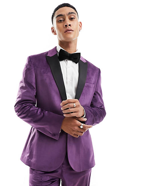 ASOS DESIGN skinny velvet tuxedo suit jacket in purple | ASOS