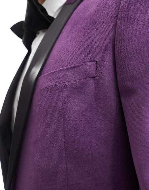ASOS DESIGN skinny velvet tuxedo suit jacket in purple, 4 of 5