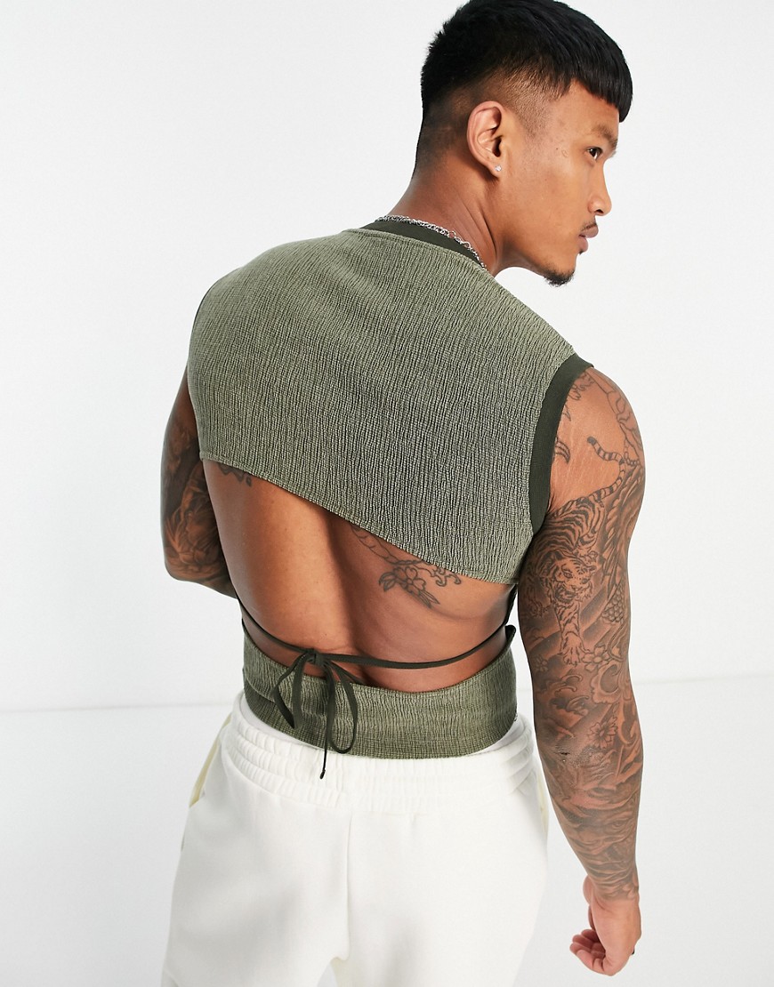 ASOS DESIGN skinny vest in green with cut out back and ties