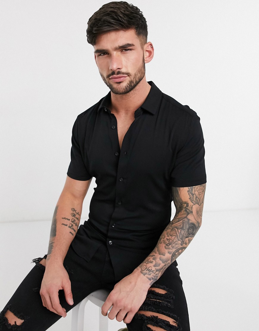 ASOS DESIGN - Skinny viscose overhemd met korte mouwen in zwart