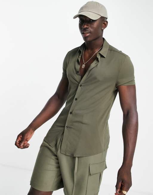 ASOS DESIGN skinny viscose shirt in khaki