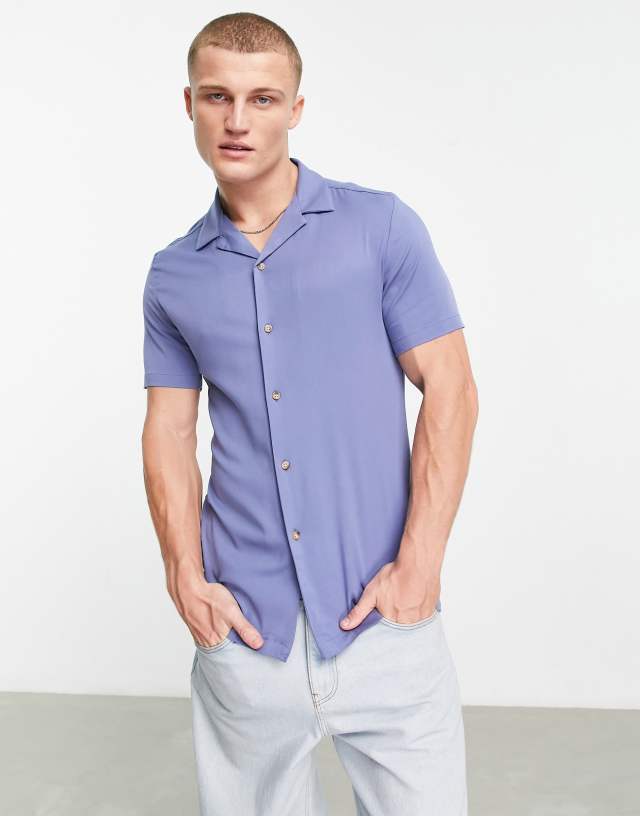 ASOS DESIGN skinny viscose shirt with revere collar in dusky blue