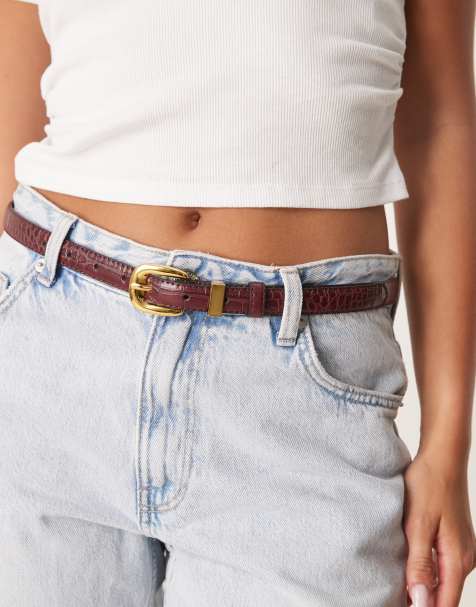 ASOS DESIGN skinny waist and hip jeans belt with metal keeper in burgundy croc - view 1