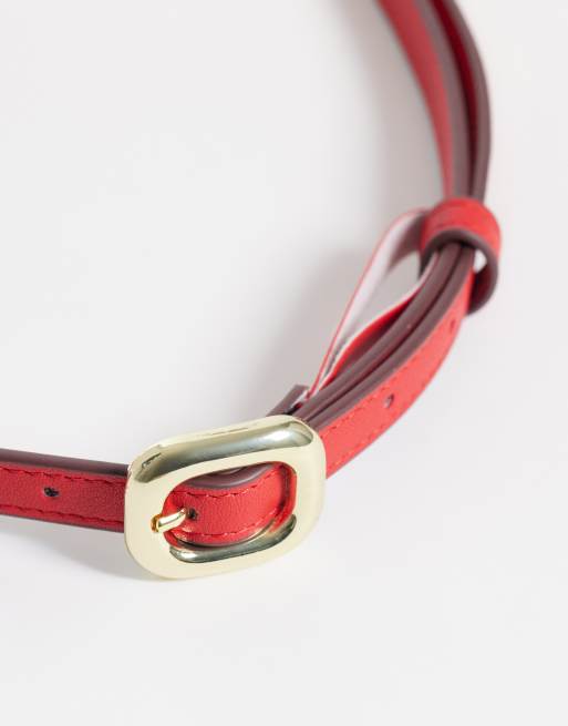 ASOS DESIGN skinny waist and hip square buckle belt in red, 4 of 4
