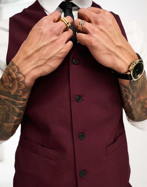 ASOS DESIGN skinny waistcoat in burgundy, 3 of 5