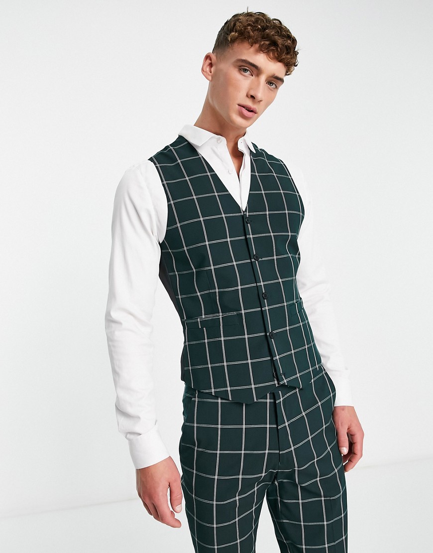 ASOS DESIGN skinny waistcoat in dark teal windowpane check-Green
