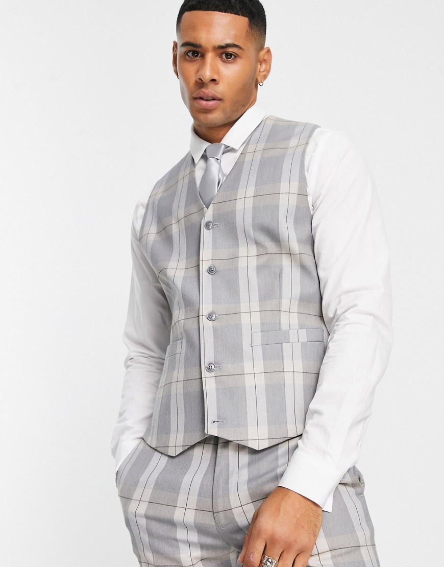 ASOS DESIGN skinny waistcoat in grey check with charcoal highlight