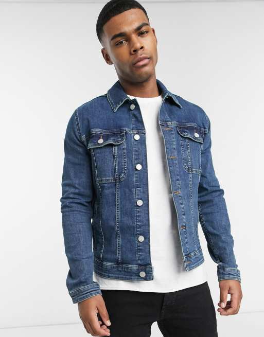 Asos Denim Jacket With Cut Off Sleeve In Mid Wash, $56