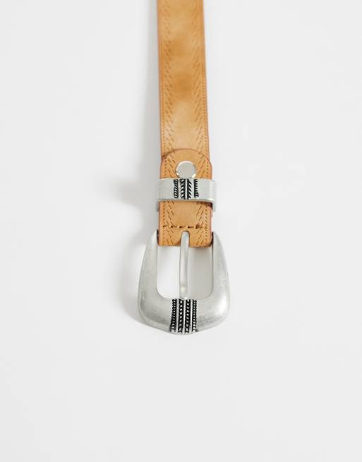 ASOS DESIGN skinny western embossed detail belt in tan faux leather, 3 of 3