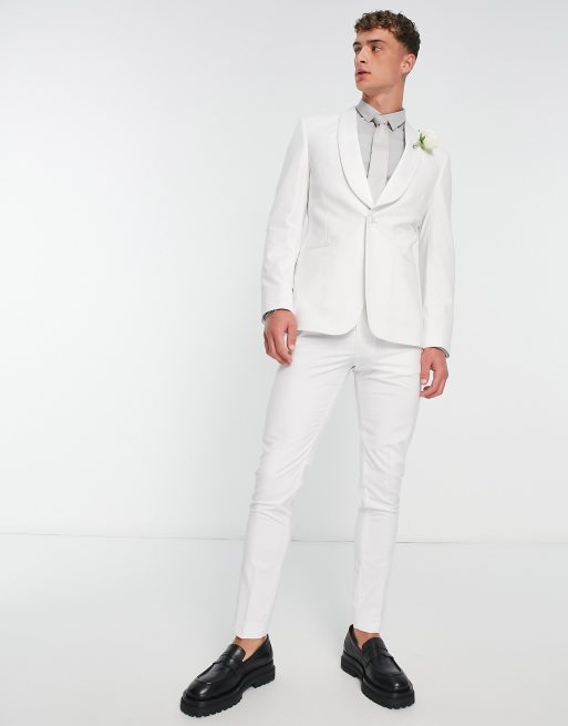 ASOS DESIGN skinny white on white tuxedo suit jacket with shawl collar