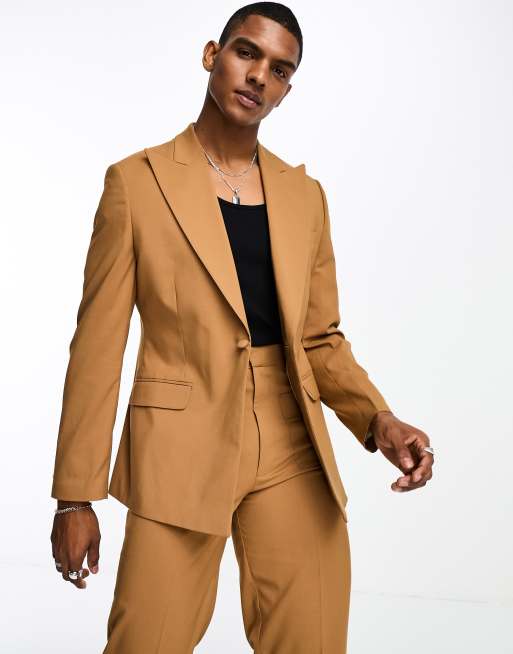 ASOS DESIGN skinny wide lapel suit jacket in tobacco