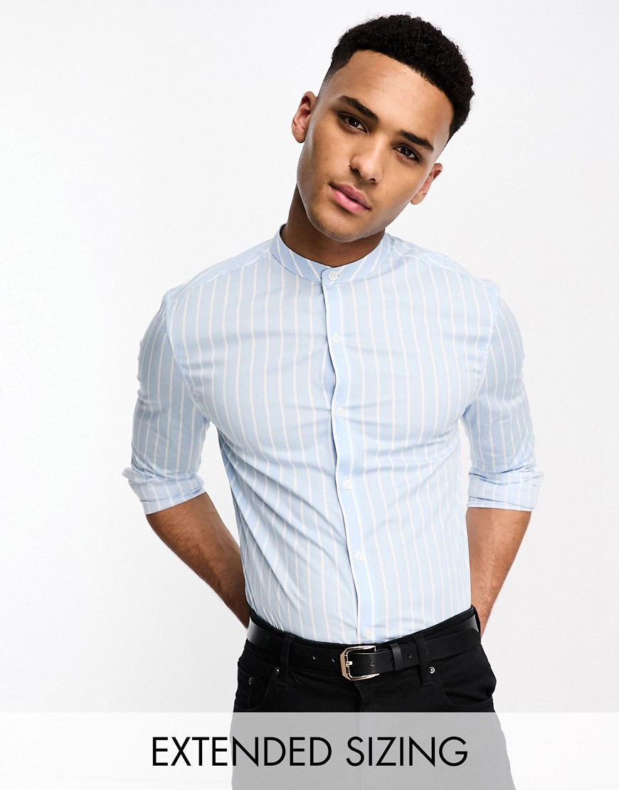 ASOS DESIGN skinny wide stripe shirt with grandad collar in light blue