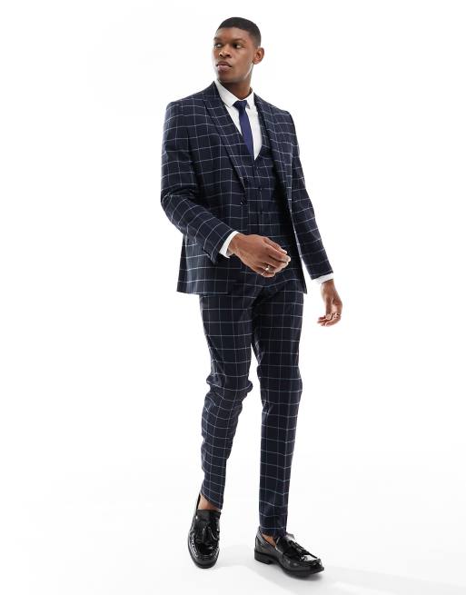 ASOS DESIGN skinny windowpane check suit jacket in navy | ASOS