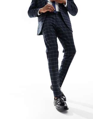 Asos Design Skinny Windowpane Check Suit Pants In Navy