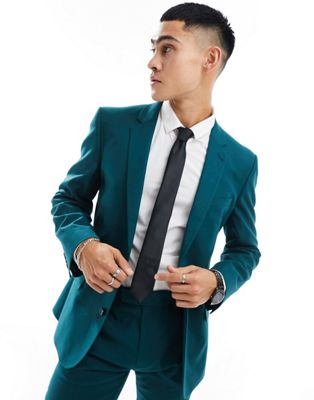 ASOS DESIGN skinny with linen suit jacket in teal green