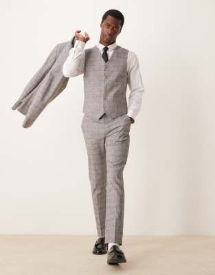 Asos Design Skinny With Linen Suit Pants In Gray Prince Of Wales Check