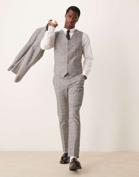 ASOS DESIGN skinny with linen suit pants in gray prince of wales check - view 1