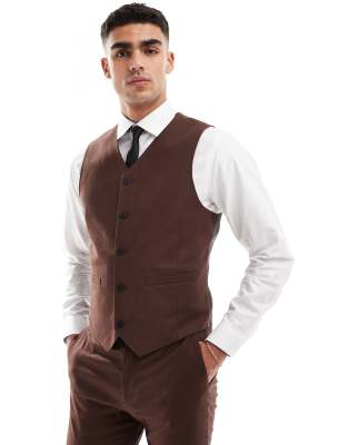 ASOS DESIGN ASOS DESIGN skinny with linen suit waistcoat in brown