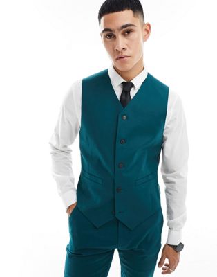 ASOS DESIGN skinny with linen suit waistcoat in teal green