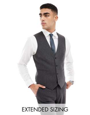 Asos Design Skinny Wool Blend Suit Vest In Charcoal Basket Weave-gray