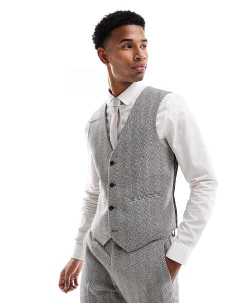 ASOS DESIGN skinny wool blend suit vest in gray herringbone - view 1