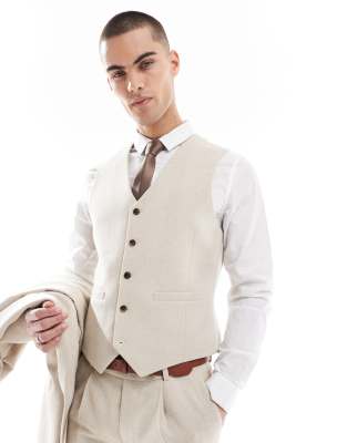 skinny wool blend suit vest in stone herringbone-Neutral