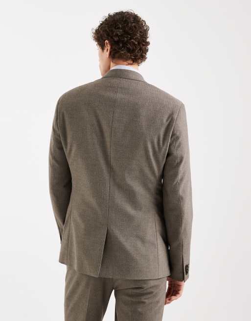 ASOS DESIGN skinny wool look suit jacket in khaki herringbone flannel, 3 of 5