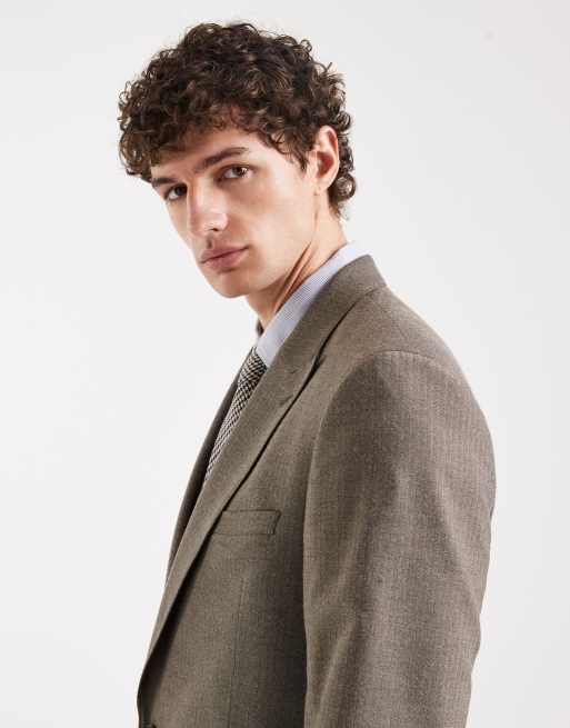 ASOS DESIGN skinny wool look suit jacket in khaki herringbone flannel, 4 of 5