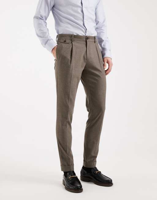 ASOS DESIGN skinny wool look suit trouser in khaki herringbone flannel, 2 of 5