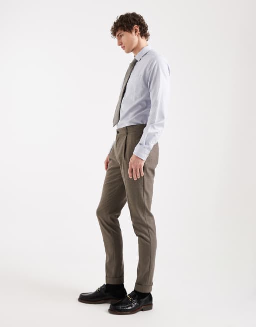 ASOS DESIGN skinny wool look suit trouser in khaki herringbone flannel, 3 of 5