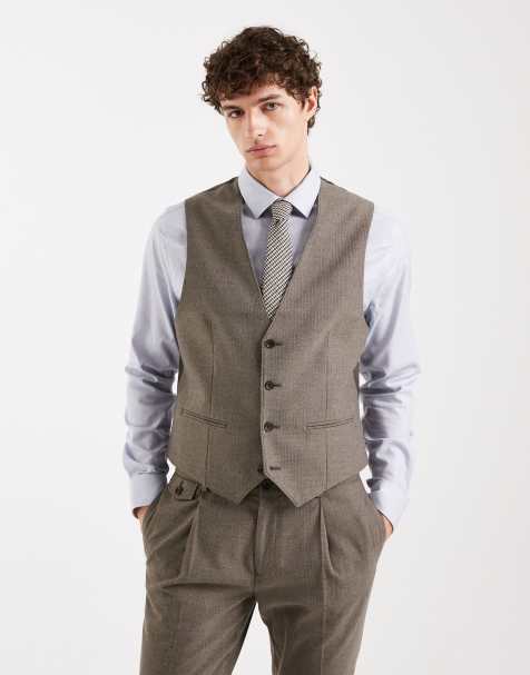 ASOS DESIGN skinny wool look suit vest in khaki herringbone flannel - view 1