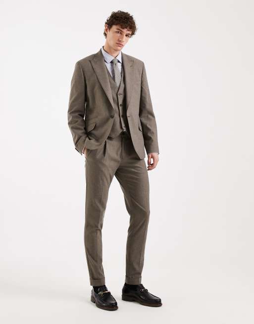 ASOS DESIGN skinny wool look suit vest in khaki herringbone flannel, 2 of 5