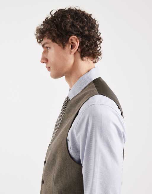 ASOS DESIGN skinny wool look suit vest in khaki herringbone flannel, 4 of 5