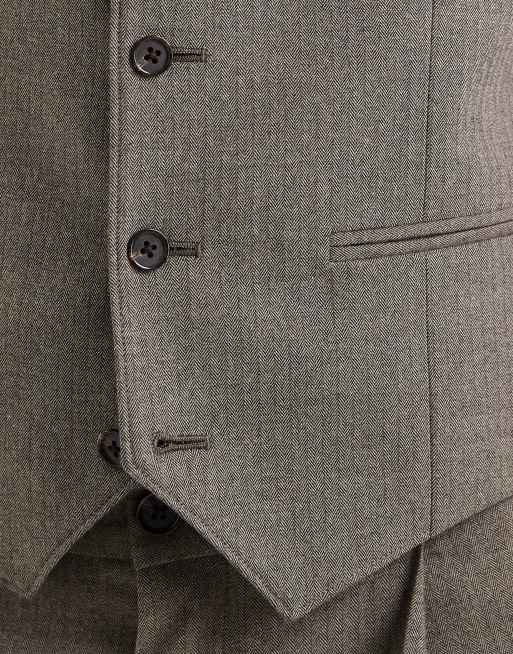 ASOS DESIGN skinny wool look suit vest in khaki herringbone flannel, 5 of 5