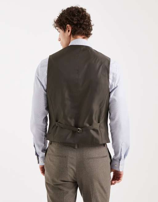 ASOS DESIGN skinny wool look suit waistcoat in khaki herringbone flannel, 3 of 5