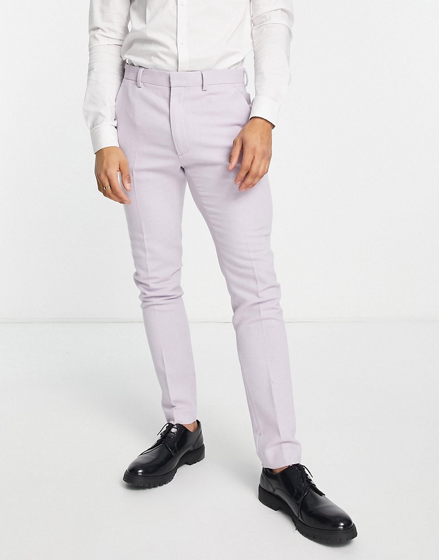 Asos Design Skinny Wool Mix Pants In Basketweave Texture In Lilac-purple