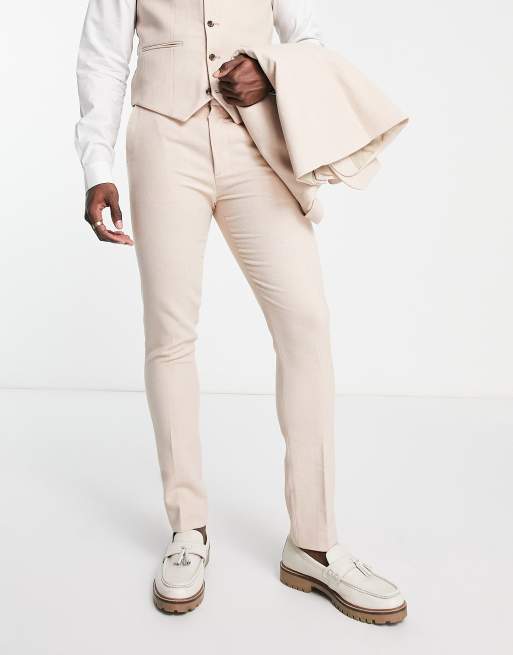 ASOS DESIGN skinny wool mix pants in basketweave texture in stone