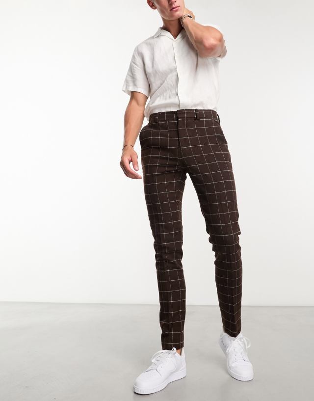 ASOS DESIGN - skinny wool mix smart trousers in chocolate brown window check