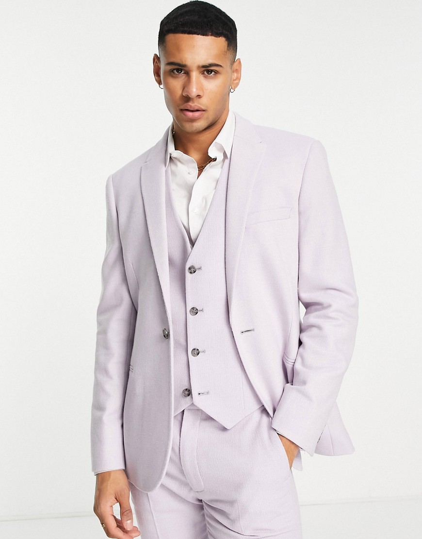 ASOS DESIGN skinny wool mix suit jacket in basketweave texture in lilac-Purple