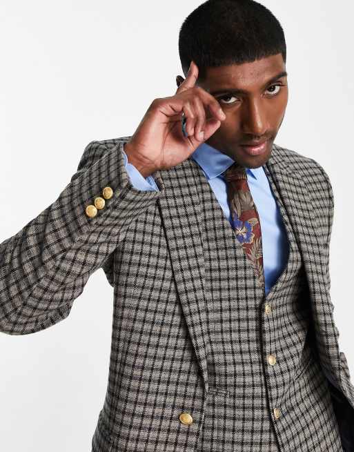 ASOS DESIGN skinny wool mix suit jacket in brown micro check, 3 of 4