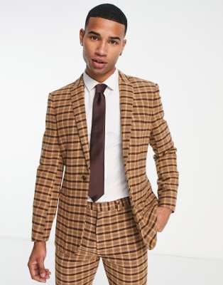 Asos Design Skinny Wool Mix Suit Jacket In Brown Plaid