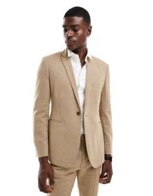 Asos Design Skinny Wool Mix Suit Jacket In Caramel Basketweave Texture-neutral